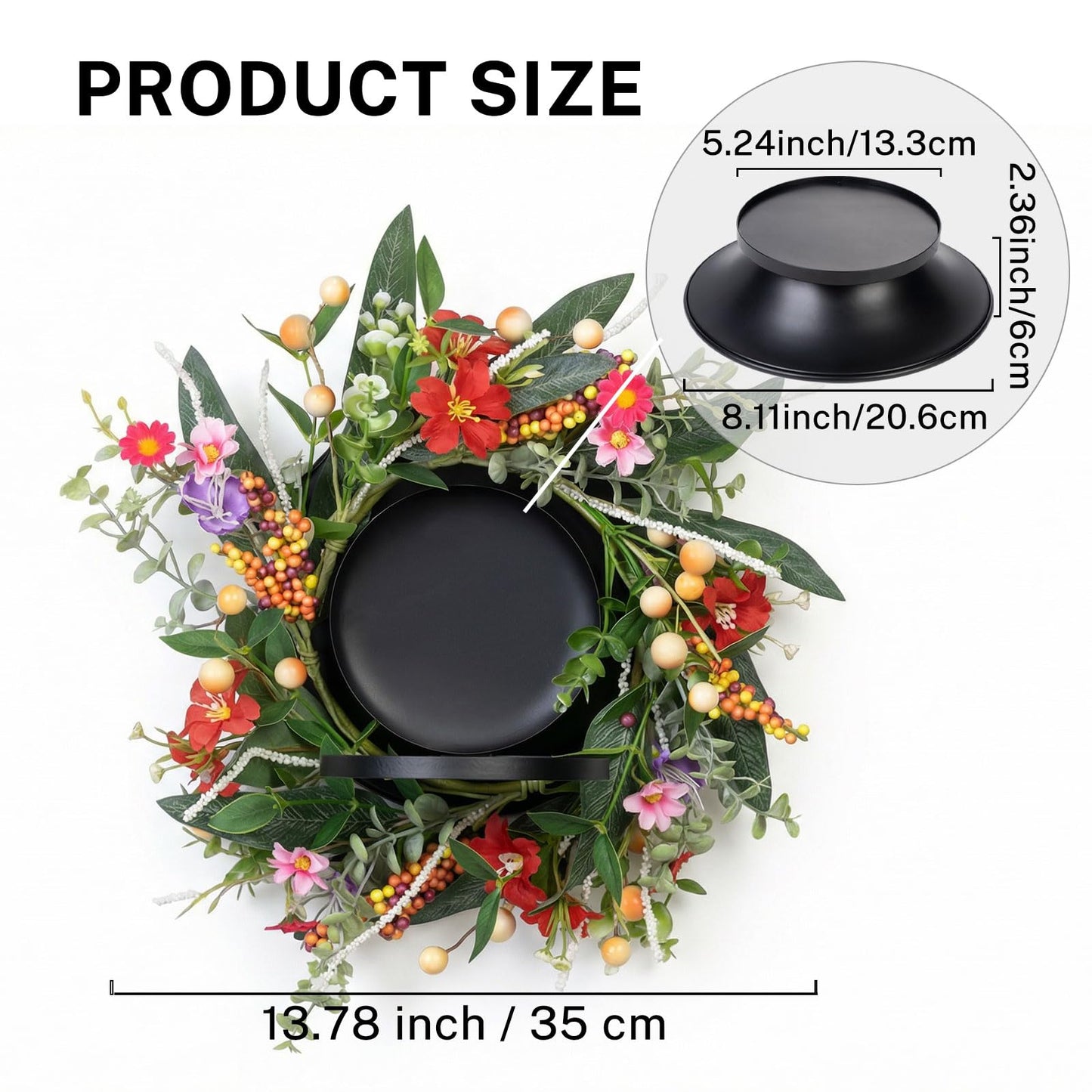 MOYEE Summer Centerpieces for Tables Wreath with Candle Holder,Candle Ring, Black Metal Candlestick with an Artificial Wreaths 14 in Versatile Dining Table Centrepiece (Red Flower Green Leaf Wreath)