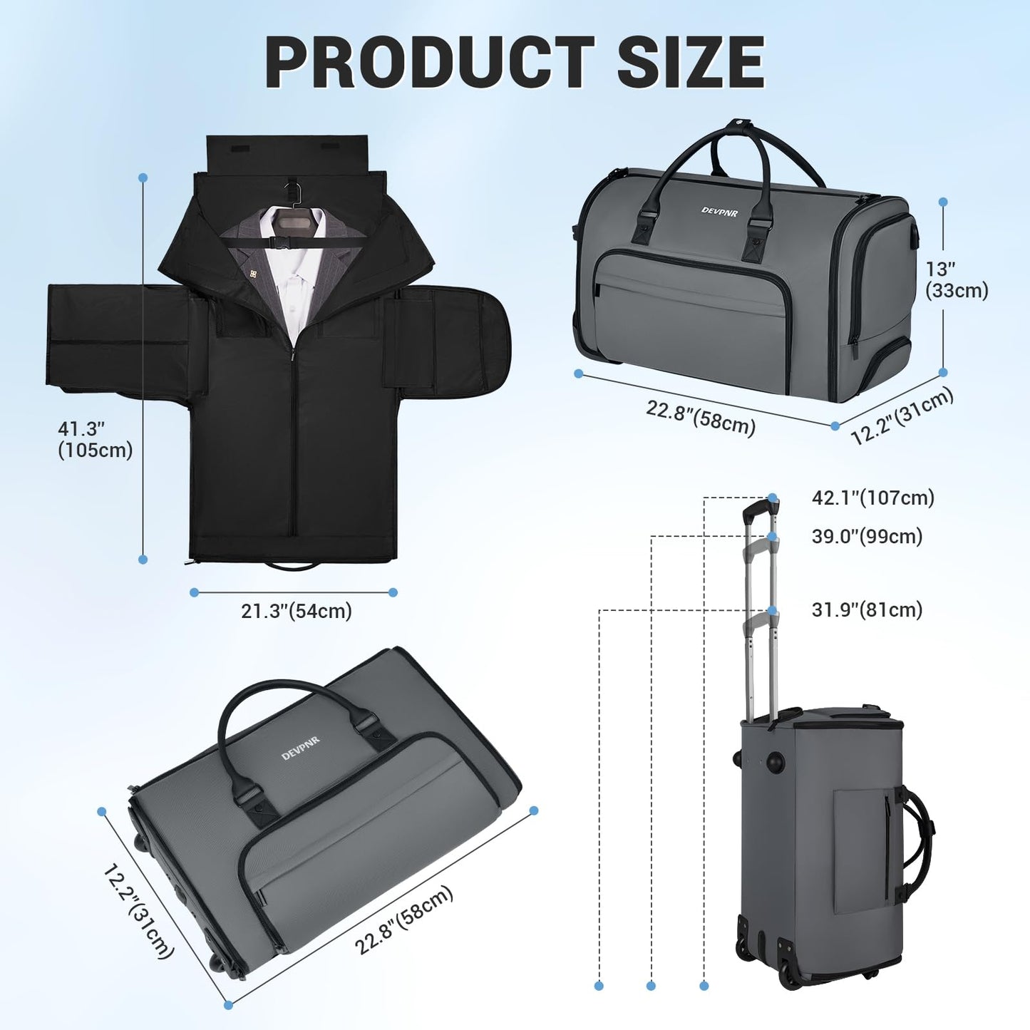 DEVPNR Rolling Garment Bags for Travel, 59L Rolling Duffle Bag with Wheels and Shoe Compartment for Men and Women, 3 in 1 Carry on Convertible Travel Garment Bag with Wheels, Gray