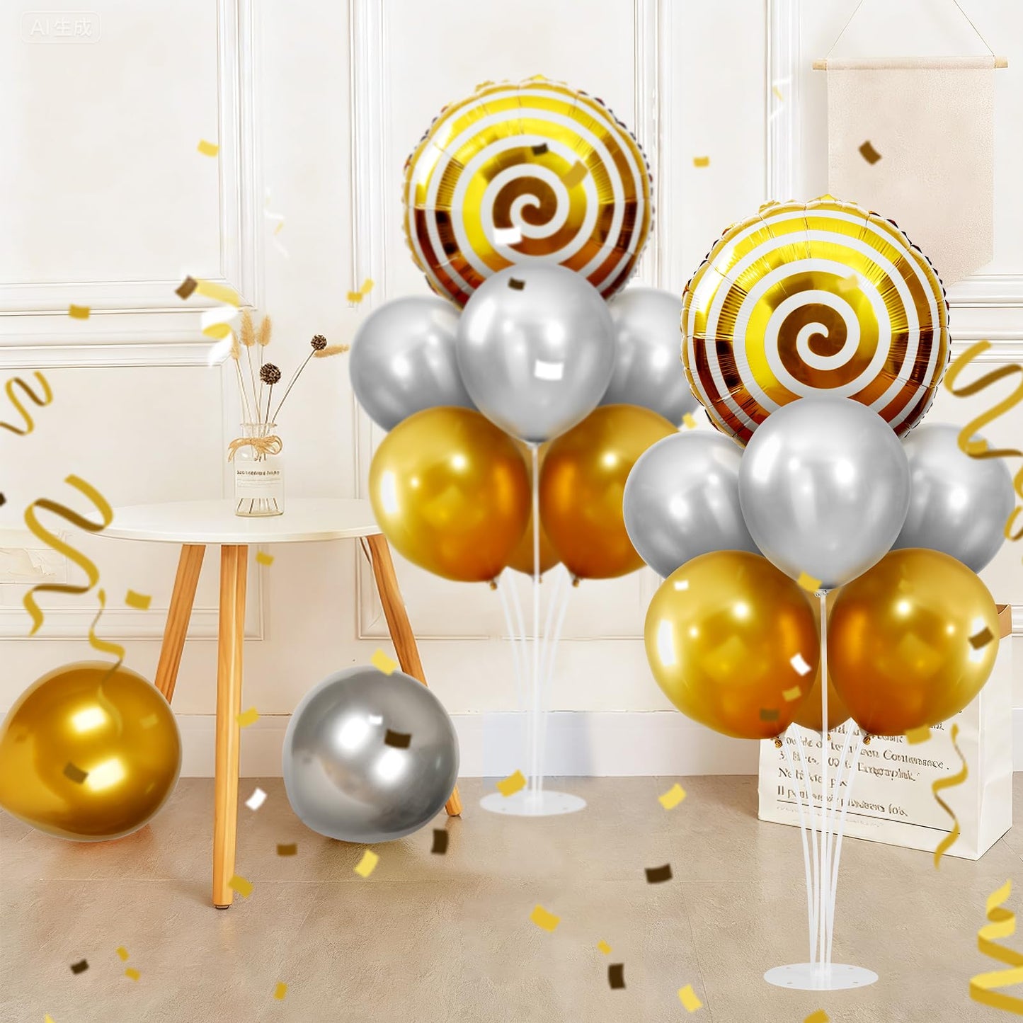 Candyland Party Decorations, Sweet Candy Balloon Stand kit 2 Sets Balloon Centerpieces for Table, Mylar Foil Round Lollipop Balloons for Candy land Birthday Party, Candies Shop, Home Decoration-Gold