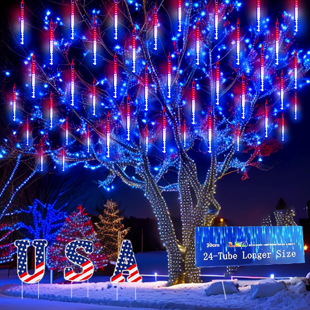 Kwaiffeo 4th of July Decorations Outdoor Red White and Blue Meteor Shower Lights for Patriotic Independence National Memorial Day Decorations, 24 Tubes(Equivalent to 3 Sets of 8-Tubes)