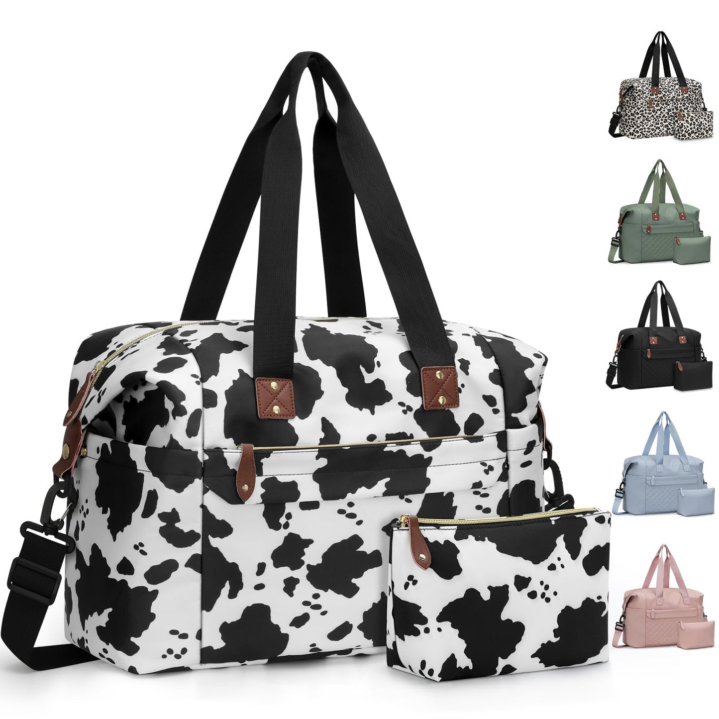 Pritent Travel Duffle Bag, Waterproof Weekender Overnight Hospital Bags for Women Men with Toiletry Bag Lightweight Personal Item Duffle Gym Bag for Travel, Airplanes, Sports(Cow Print, Large)