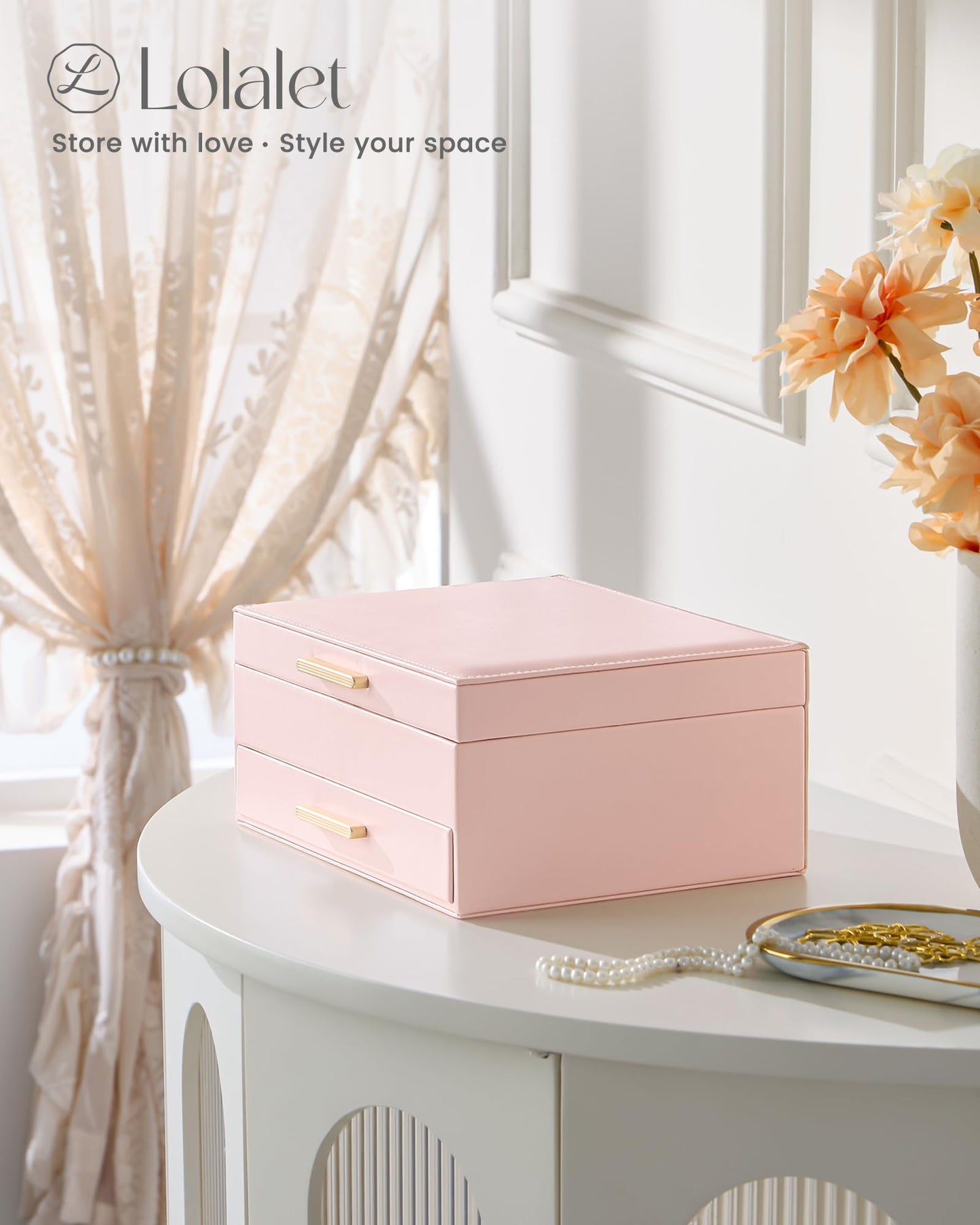 Lolalet 2-Layer Jewelry Box Organizer for Women Girls, Jewelry Storage Case Holder with Drawers for Necklaces Ring Earrings Bracelet Watch, Gifts Choice for Mom Mother’s Day -Pink