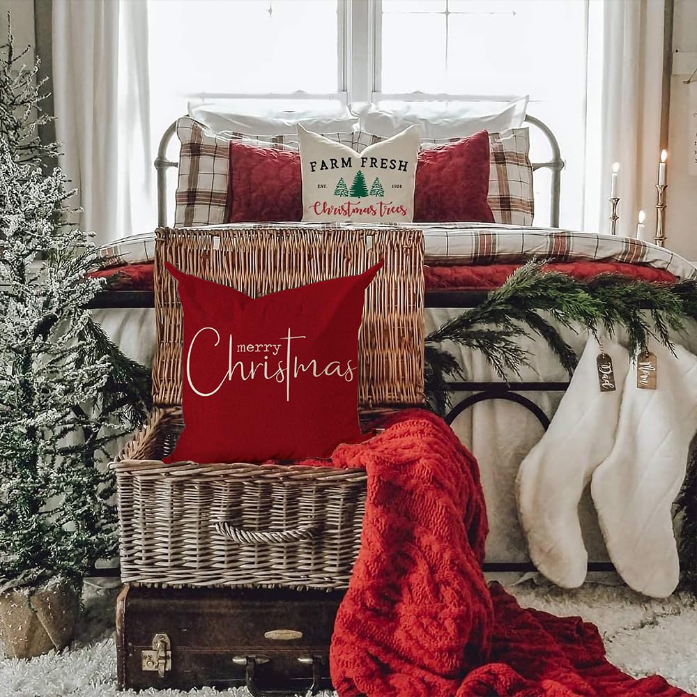 Allorry Christmas Pillow Covers Merry Christmas Throw Pillow Decorative Christmas Red Cotton Cloth Linen Cloth Pillow Cover Sofa Cover Decorative Rectangle Length 18X18 inches