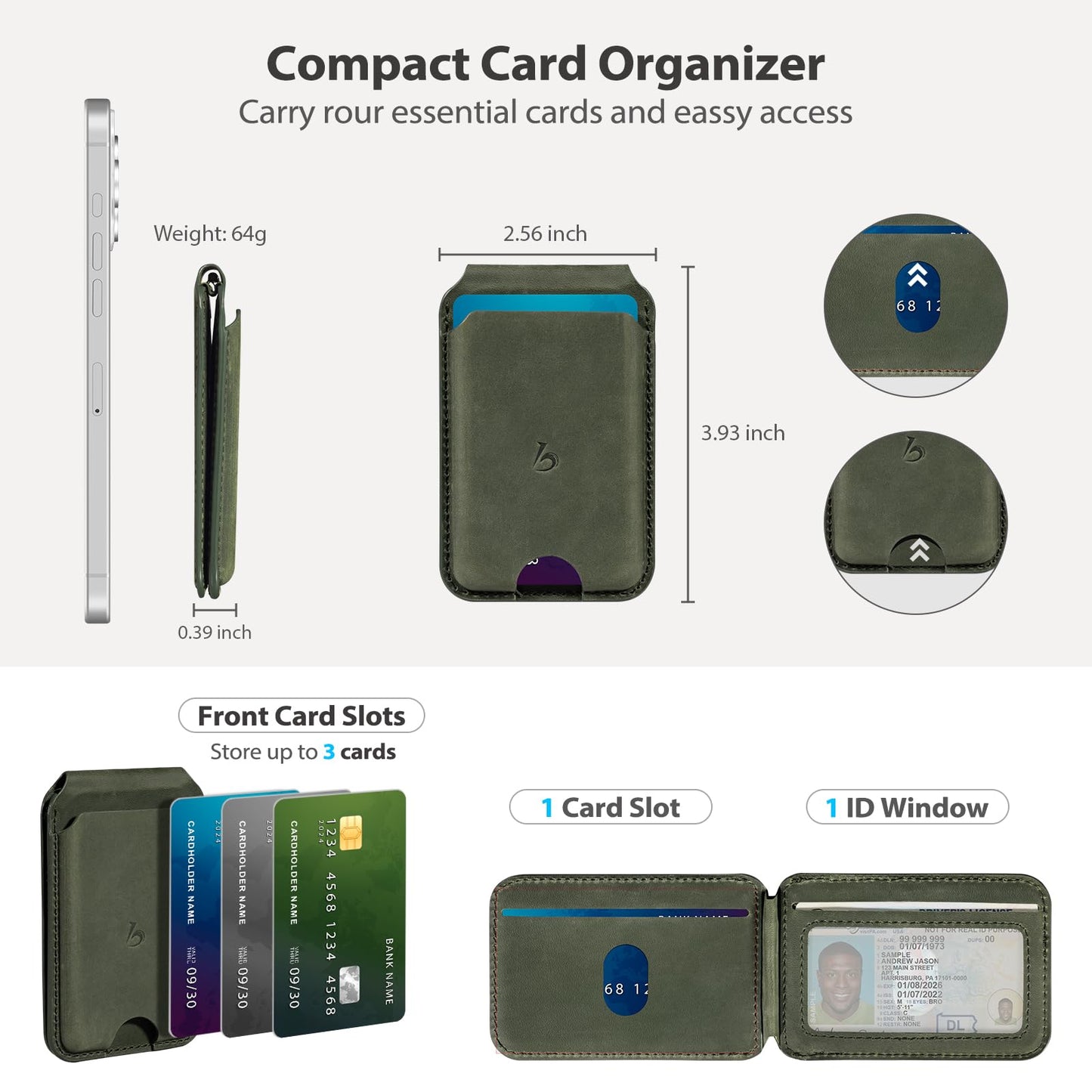 Belemay Strong Magnetic Wallet for MagSafe with Adjustable Stand, Crazy Horse Leather Card Holder, Up to 5 Cards, RFID Blocking, Slim for iPhone 17/16/15/14/13/12 Series Men & Women - Pine Green