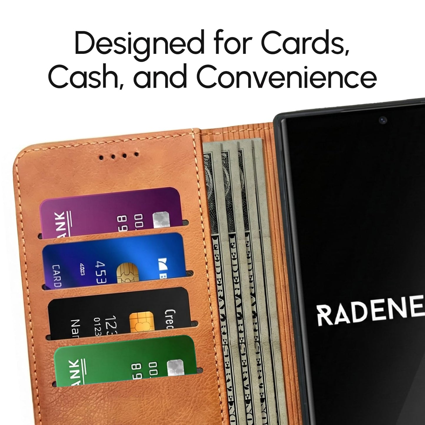 RadEnergy EMF Blocking Leather Phone Wallet Case for Samsung Galaxy A35 5G, FCC-Recognized & NVLAP-Accredited Lab Tested Up to 99% Radiation Reduction, RFID EMF Cell Phone Cover, Removable Case, Brown