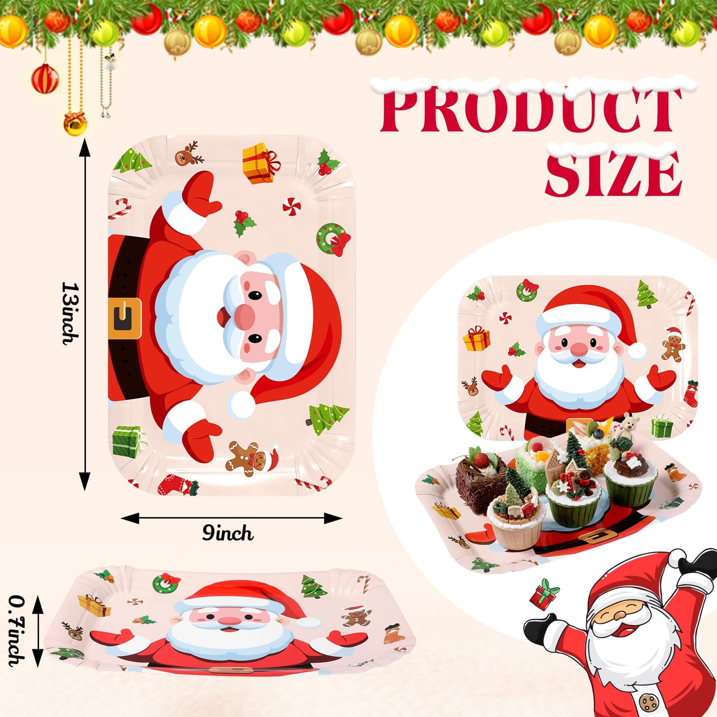 Acellegic 24 Pcs Christmas Serving Trays 13 x 9 Inch Large Platters Food Trays Xmas Cookie Plates Santa for Christmas Movie Night Birthday Party Supplies