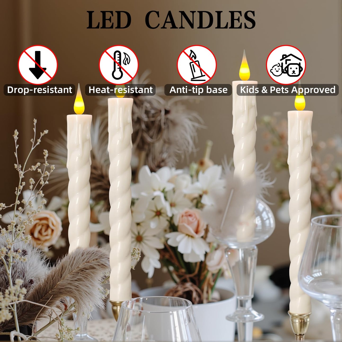 ODTRAM Flameless Taper Candles with Remote,Timer, Dimmer,9.7 Inch Ivory 6 Pack LED Candlesticks,Realistic Wax Drip,Taper Candles Battery Operated Flickering for Christmas Wedding Halloween Home Decor