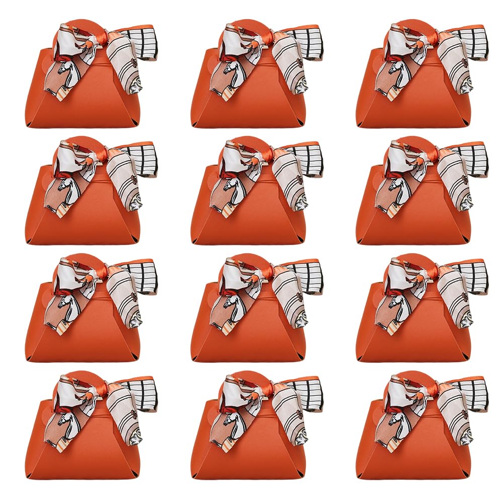 CALFOVERA 12 Pack Leather Purse Ribbon Candy Bags Orange PU Wedding Gift Treat Bags with Handle Ribbon Reusable Party Favor Boxes for Weddings Birthdays Christmas Halloween Party Decoration