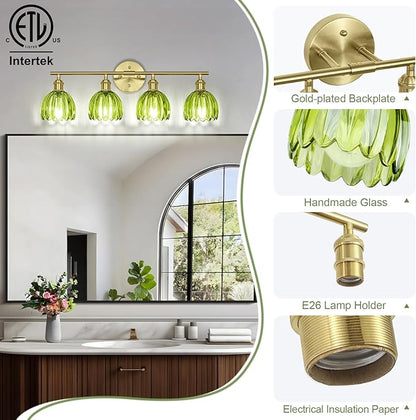 Vintage Bathroom Light Fixtures,4-Light Hardwired Vanity Lights Over Mirror,Gold Wall Sconces with Green Tulip Glass Shade for Bathroom Living Room,E26 Socket(Bulbs Not Included)