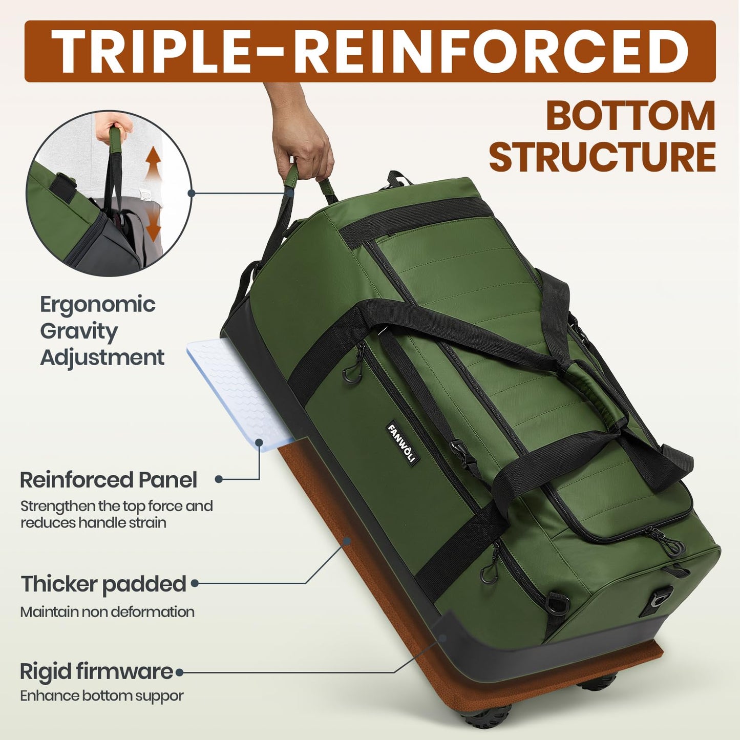 Fanwoli 100L Rolling Duffel Bag with Wheels, Durable Travel Duffel Backpack with Hidden Straps & Waist Support, Waterproof Foldable Luggage for Outdoor, Airport & Camping, Men/Women,Green