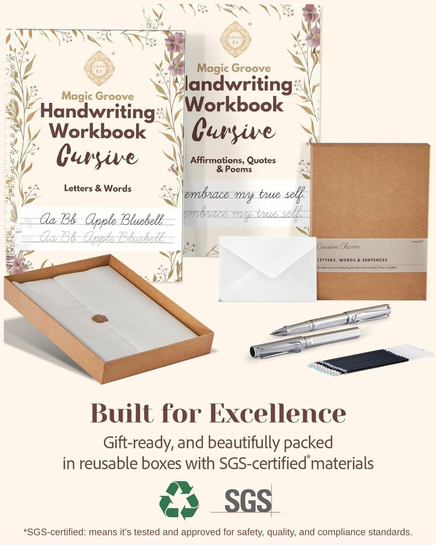 UNCLE EJ® Grooved Cursive Handwriting Workbook Kit - Reusable Cursive Workbook for Kids 8-12 and Adults, Magic Grooved Handwriting Practice, Letters Words Poetry & Affirmations, Cursive Charm, 9.8"x7"