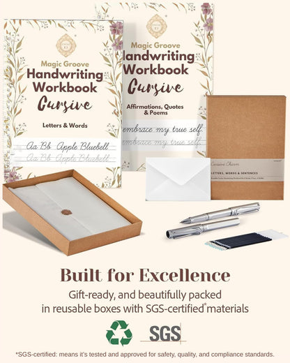 UNCLE EJ® Grooved Cursive Handwriting Workbook Kit - Reusable Cursive Workbook for Kids 8-12 and Adults, Magic Grooved Handwriting Practice, Letters Words Poetry & Affirmations, Cursive Charm, 9.8"x7"