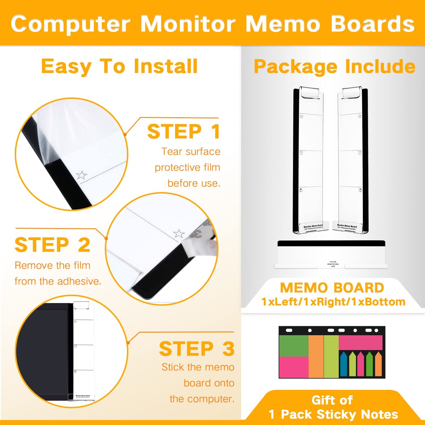 Monitor Memo Boards for Computer, Set of 3 (Left & Right & Bottom) Multifunction Acrylic Screen Message Reminder Pad Side Panels Phone Holder - Utility Organizer for Office Desktop, with Sticky Notes