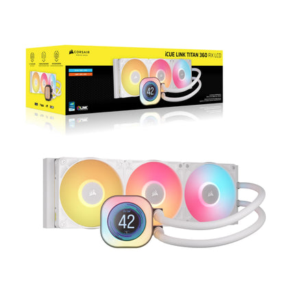 CORSAIR iCUE Link Titan 360 RX LCD Liquid CPU Cooler – 360mm AIO – Low-Noise – FlowDrive Cooling Engine – Intel LGA 1851/1700, AMD AM5/AM4 – 3X RX120 RGB Fans – iCUE Link System Hub Included – White
