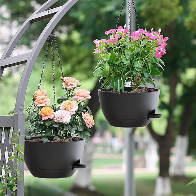 10 Inch Hanging Baskets 2 PC with Chains, Self-Watering Hanging Planters for Indoor Outdoor Plants, Plastic Hanging Flower Pots,Black