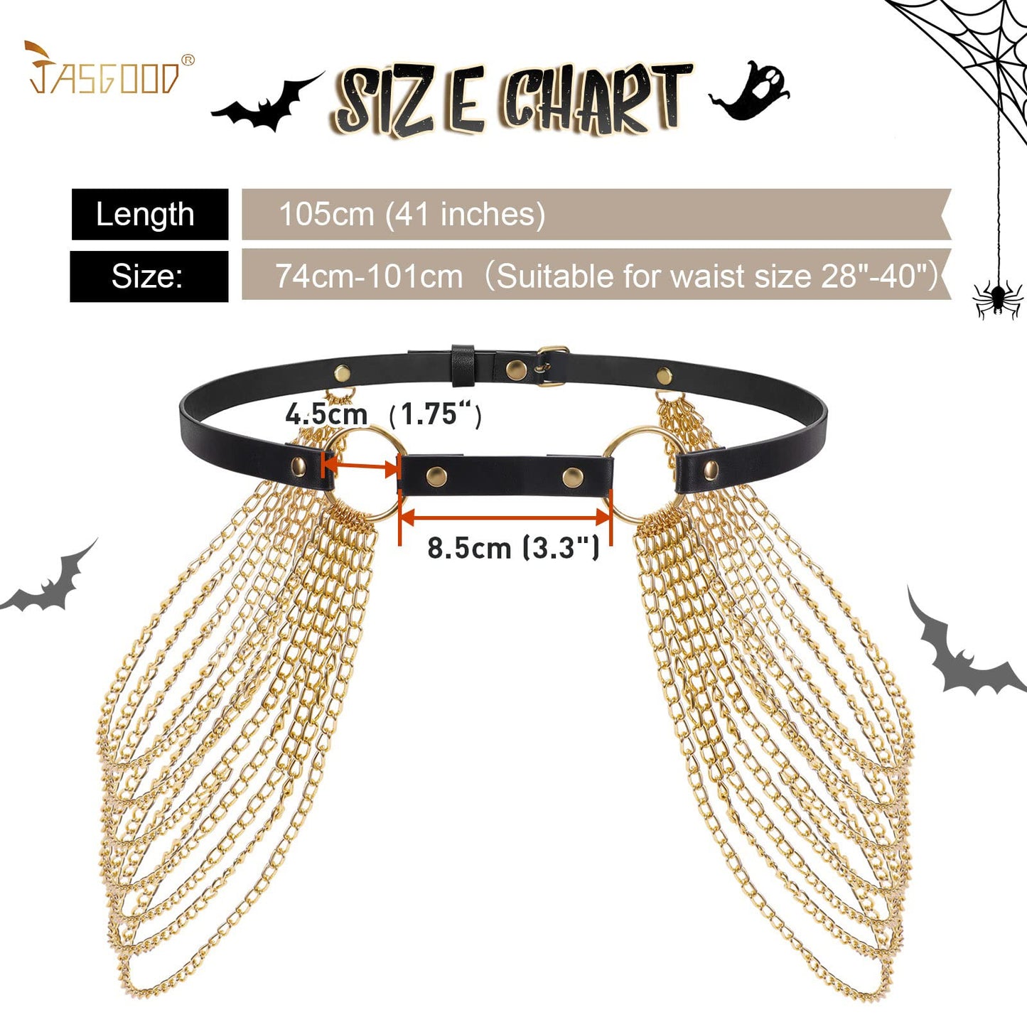 JASGOOD Punk Waist Chain Belt Black Leather Layered Belly Body Waist Chains Nightclub Rave Body Chain Belt for Women Girls (Black with Gold Chain,Fits Pants Size up to 25-32 inch)