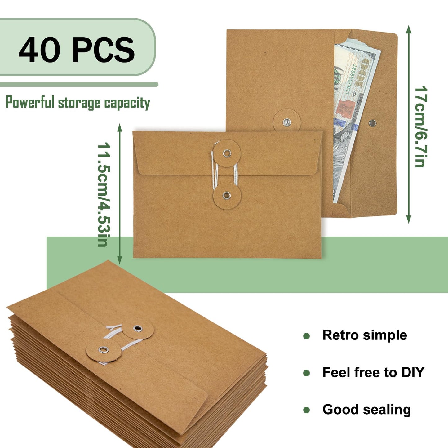 40 Pcs Kraft Paper Envelopes with String Tie Closure Project Pockets Document Organizer for Office Folder Booklet Bag, 4.53 x 6.7 inches (Brown)