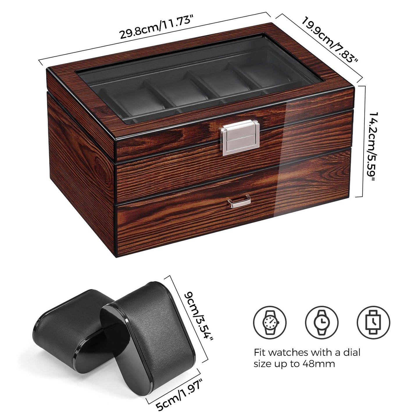 BEWISHOME High-End Watch Box, 20-Slot Watch Case with Large Glass Lid, Wooden Watch Cases for Men, Watch Storage, Watch Organizer, Synthetic Leather Interior, For Father's Day Brown SSH04Y