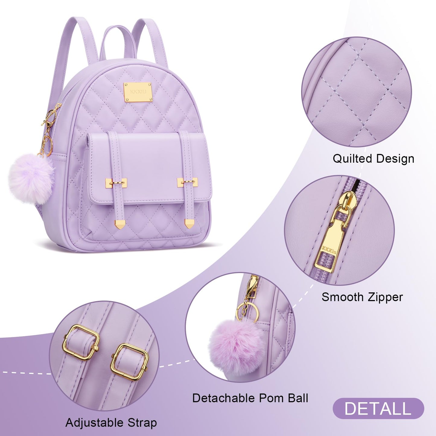 KKXIU Girls Small Backpack Purse Vegan Leather Quilted Mini Daypack for Women Trendy Bookbag (Purple)