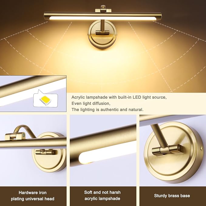 Modern Dimmable Picture Lights for Wall 15.7 Inch Hard-Wired LED Picture Frame Lights for Paintings Gallery Light with Adjustable Swing Arm Display Lights For Artwork, 7W, 2700K, Warm White - Brass