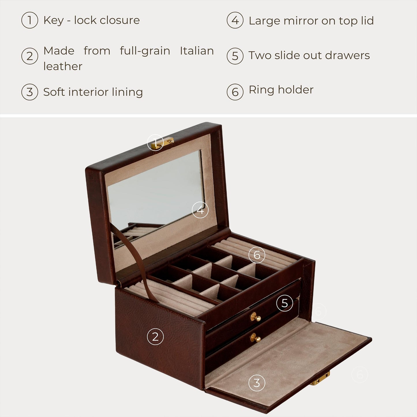 Time Resistance Jewelry Box - Full Grain Leather Jewellery Organizer - Accessories Storage - Key Lock Box for Women (Brown)