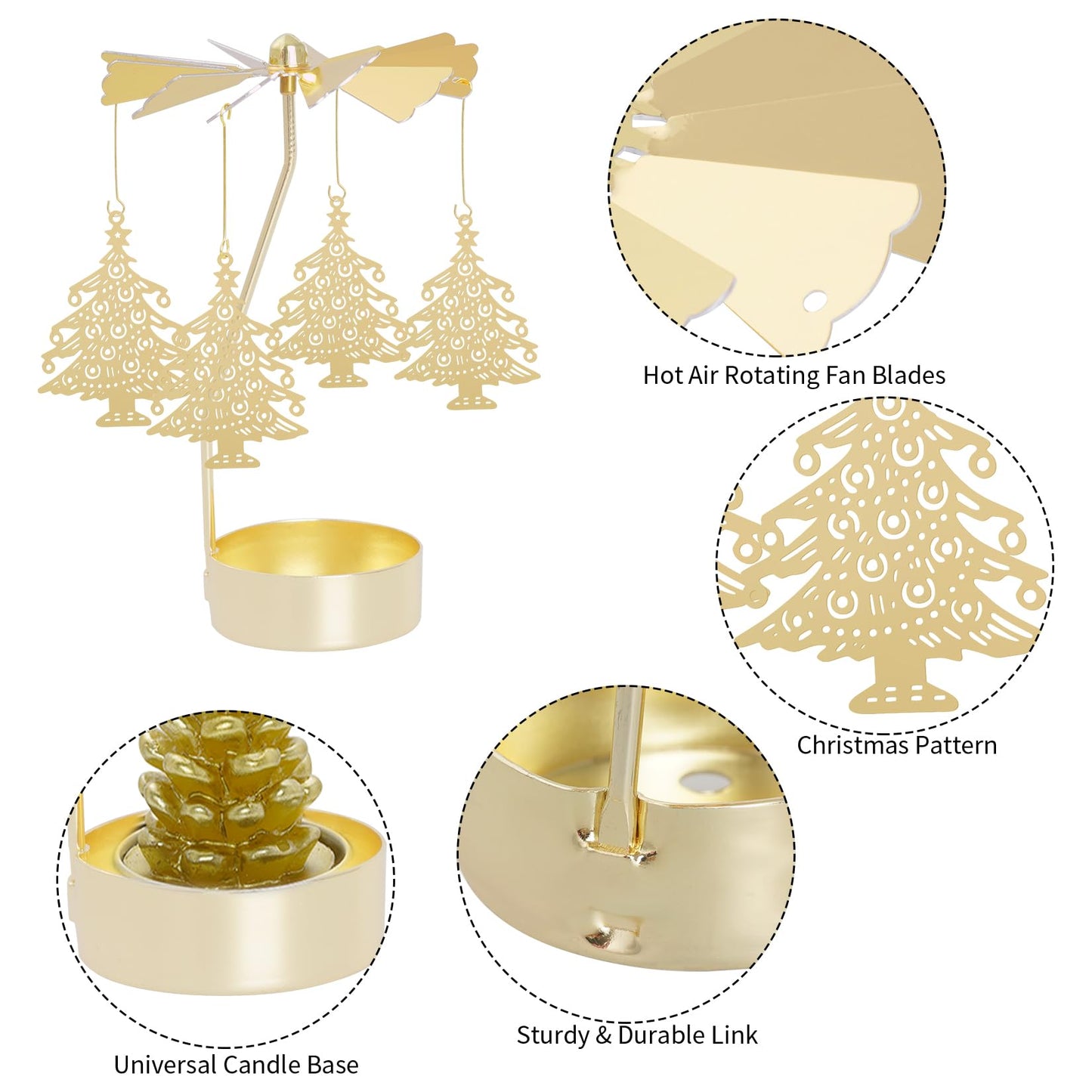 2Pcs Rotary Candle Holder Spinning Tea Light Candle Holder Gold Christmas Tree & Reindeer Style Metal Rotating Candlestick