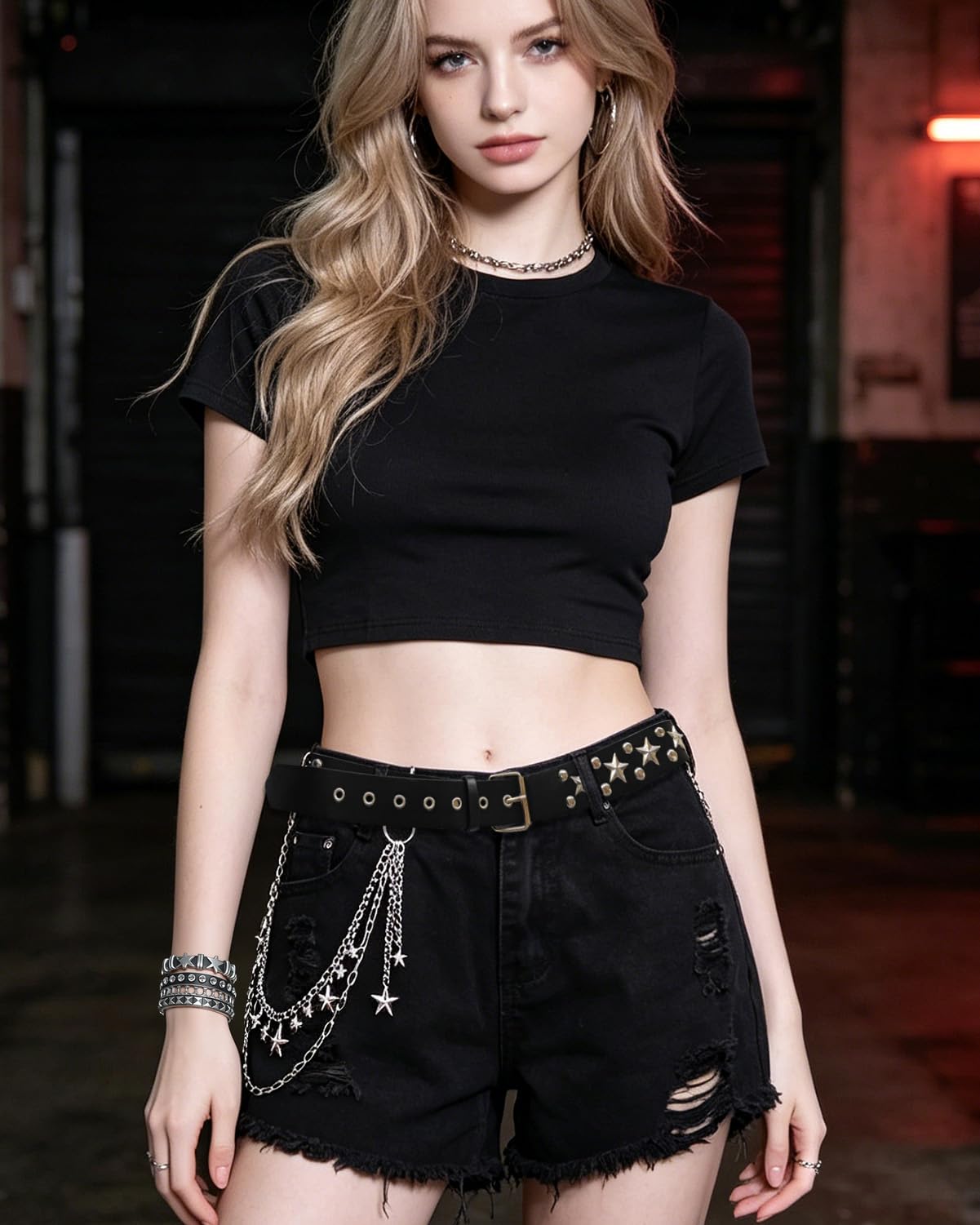 KRLBZER Y2K Star Studded Belt with Silver Star Pants Chain Punk EmoBlack Studded Belts Gothic Grunge Rock Fashion Accessory (4Pcs)
