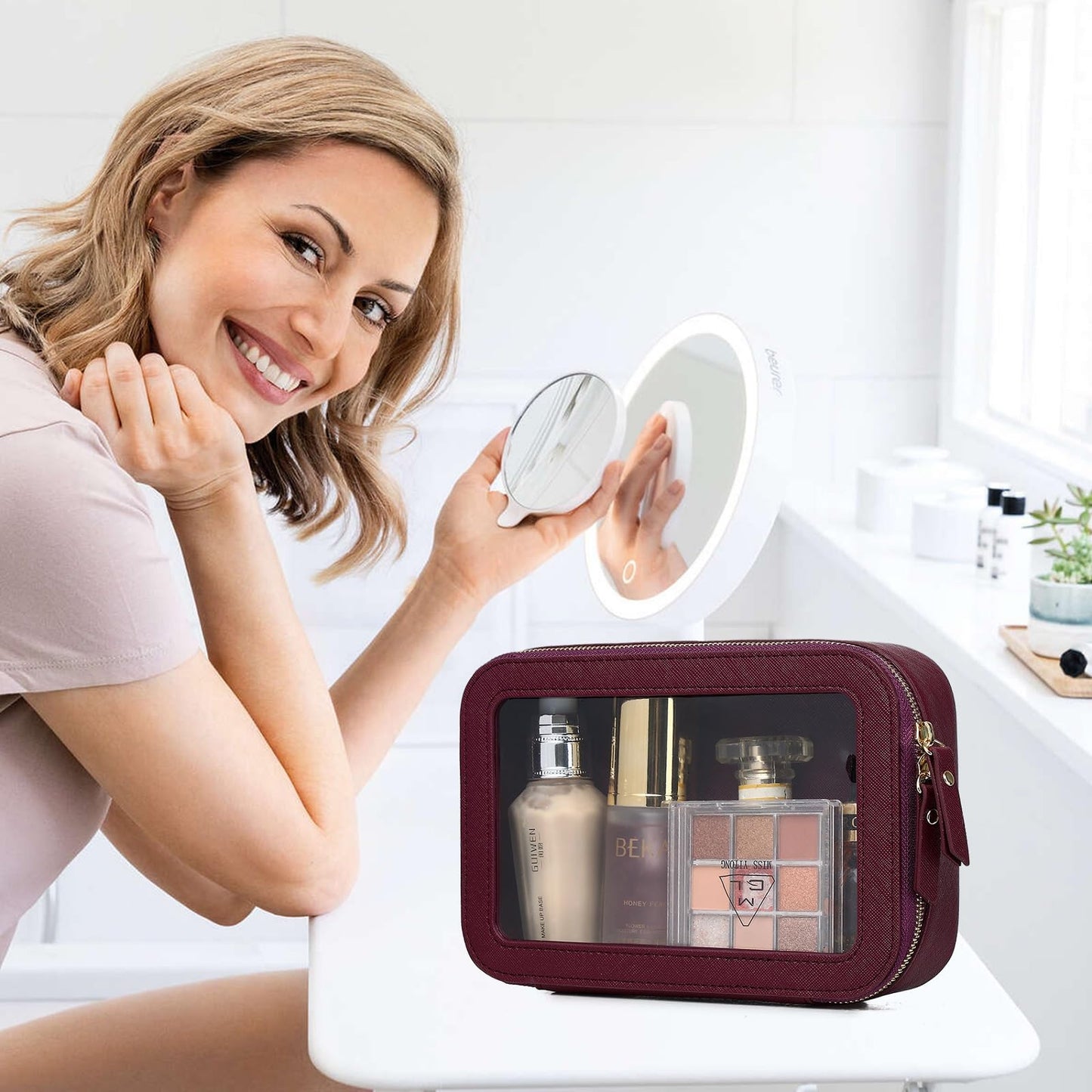 LOFOWN Clear Makeup Bag Small Cosmetic & Toiletry Bag Waterproof Travel Case Women's Pouch Organizer Makeup Bag for Car with Zipper (Burgundy, Small)