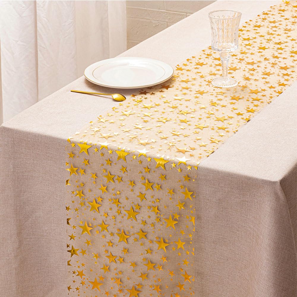 QILANJO 3 Rolls Bling Star Table Runner Tabletop Decor, Gold-11"x106"