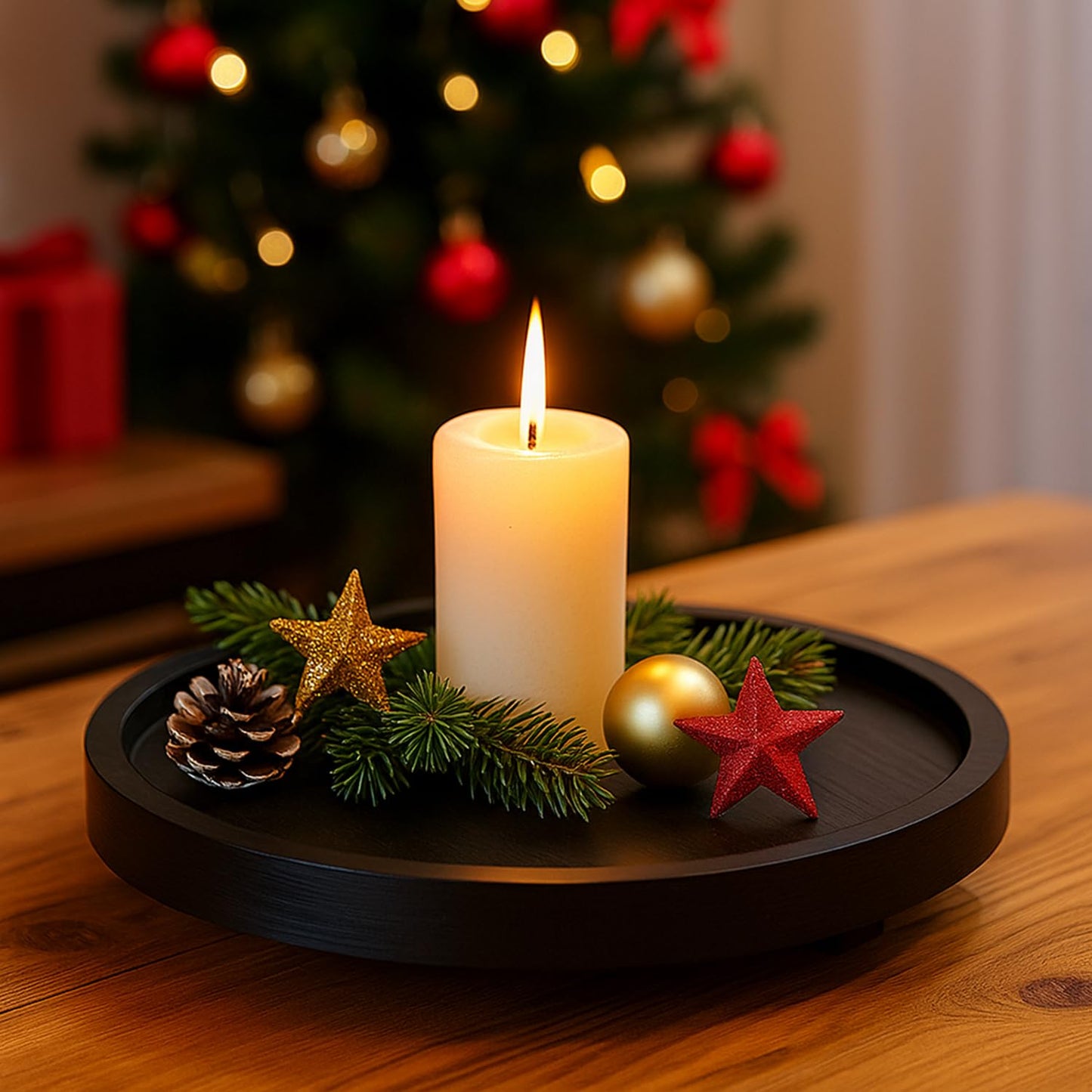 Black Decorative Wooden Tray for Kitchen Counter Bathroom Accessories Sink Vanity Trays Wood Riser Candle Pedestal Stand for Perfume Soap Trays Round Dining Coffee Table Small Rustic Home Decor Tray