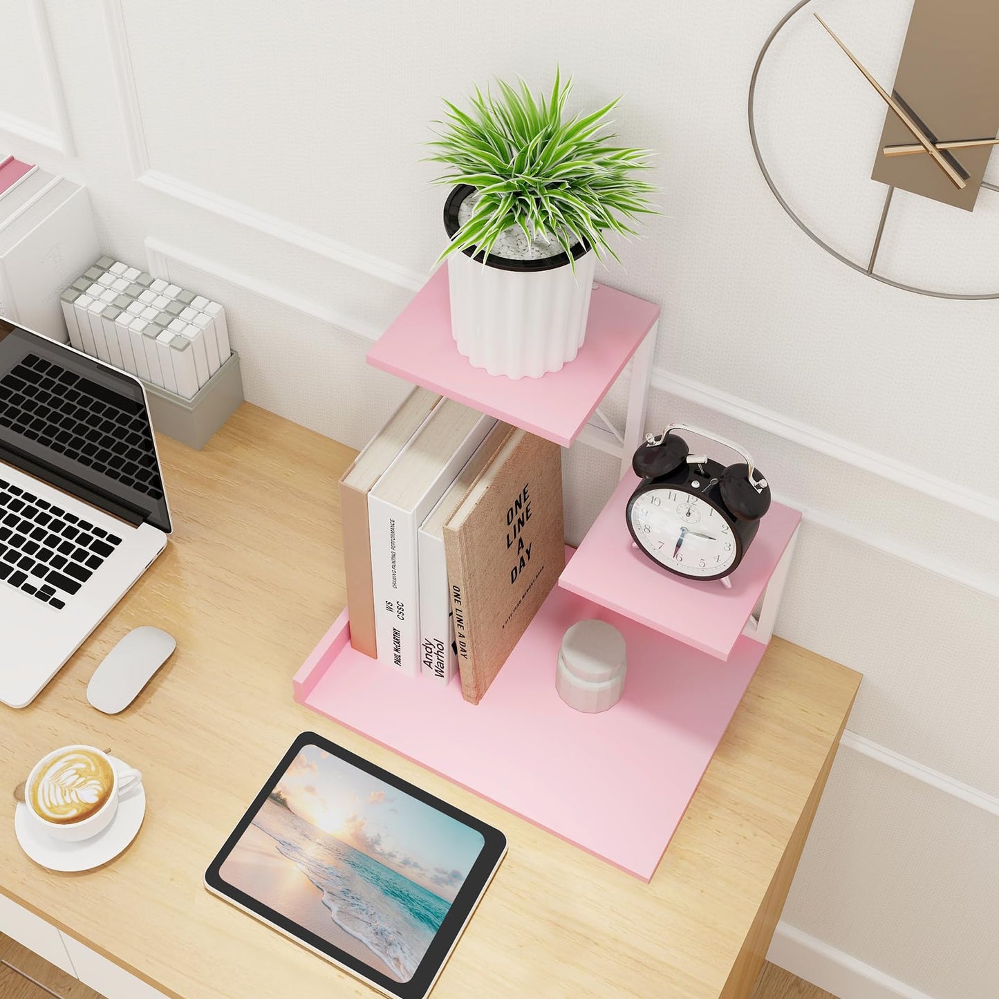 ELITEROO Desktop Shelf, Aesthetic Desk Organizer Table Top Mini Bookshelf, 3 Tier Wooden Desk Supplies Organizers and Storage Stand Cubicle Accessories for Women Office, Pink