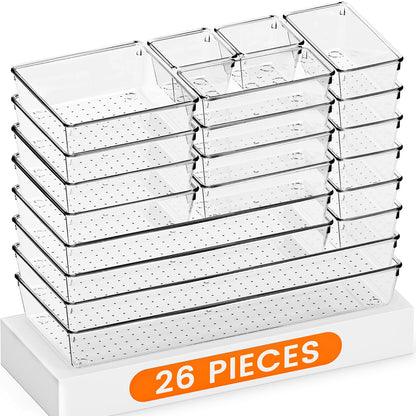 Criusia Drawer Organizer, 10 Pack Large Clear Plast Set, 3 Size Versatile Bathroom and Vanity Organizer Trays, Storage Bins for Makeup, Bedroom, Kitchen Utensils