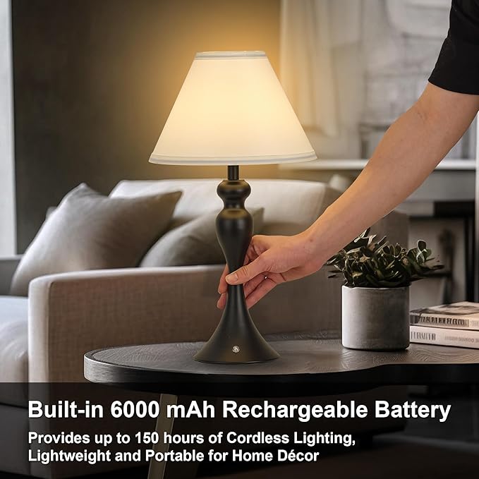 Cordless Bedside Lamp for Living Room, Table Lamp for Bedroom, 3-Way Dimmable Nightstand Lamp with Fabric Shade, Rechargeable Touch Led Desk Lamp Battery Operated Lamp for Dorm, Home Office (Black)