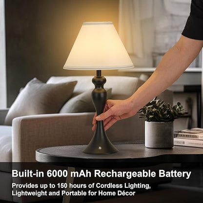 Cordless Bedside Lamp for Living Room, Table Lamp for Bedroom, 3-Way Dimmable Nightstand Lamp with Fabric Shade, Rechargeable Touch Led Desk Lamp Battery Operated Lamp for Dorm, Home Office (Black)