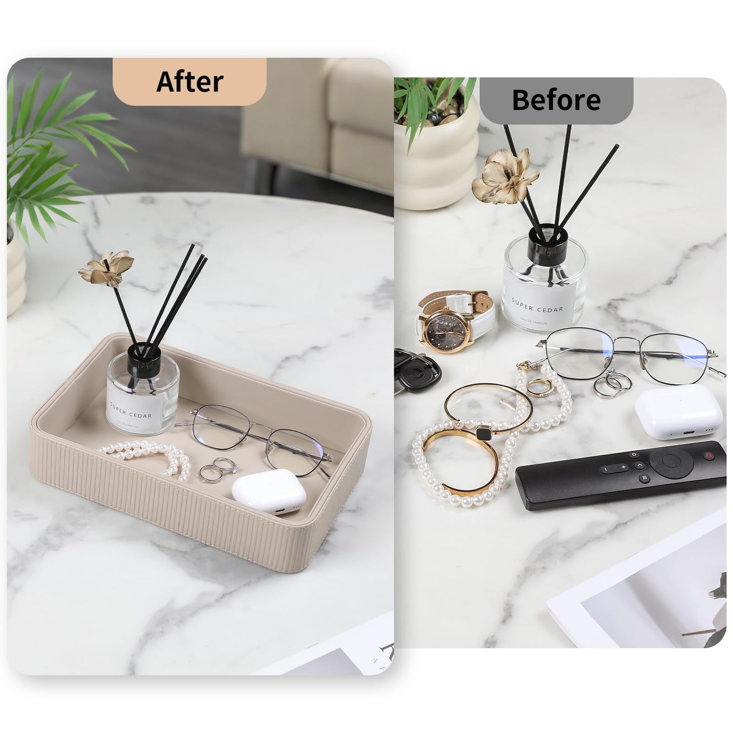 Cretkhp PU Leather Valet Tray Organizer, Modern Nightstand Organizer Bedside Desktop Storage for Womens and Men, Decorative Perfume Trinket Catchall Vanity Tray for Key Watch Wallet (Beige)