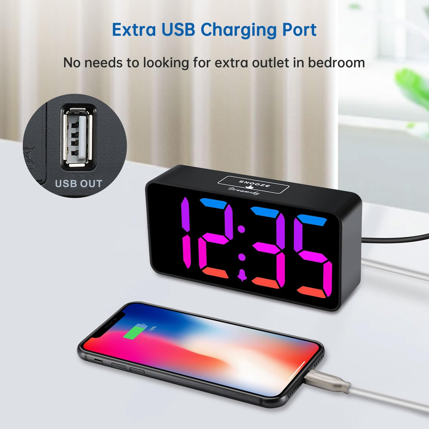 DreamSky Small Digital Alarm Clocks for Bedrooms - RGB Electric Alarm Clock for Kids Bedside Nightstand, Desk Clock with Large Numbers, Dimmer, Adjustable Alarm Volume, USB Port, USB-C Adapter Powered