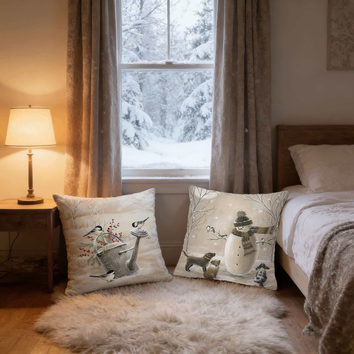 Animals Throw Pillow Cover Christmas - 18 x 18 Inch Pet Snowman Vase Deer Dog Rabbit Bird Xmas Tree Pillow Case - Set of 4 Square Winter Snowfield Pillowslip, Great for Sofa, Patio, bedroom Decor