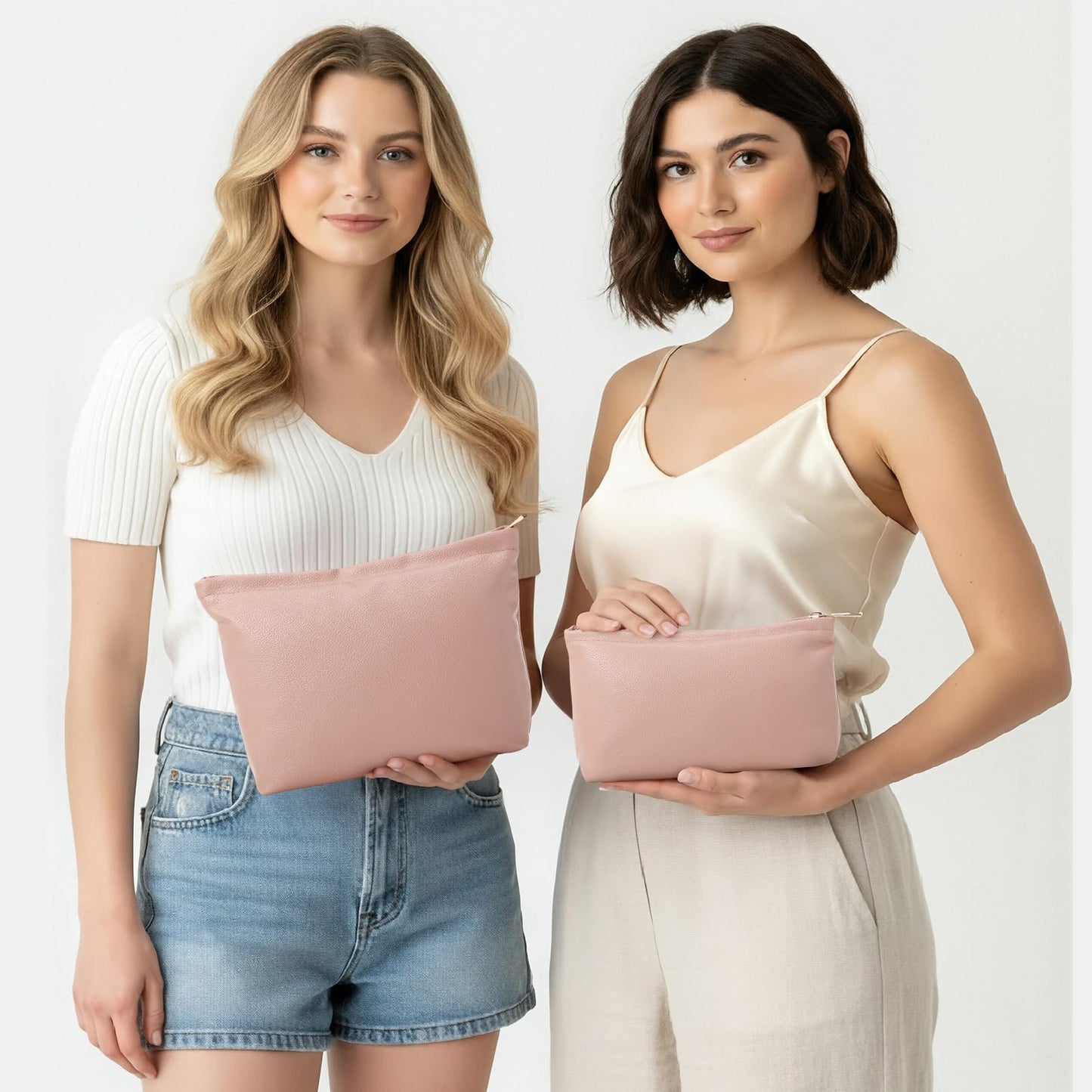 Kigeli 2 Pcs Small Makeup Bag Set for Purse PU Leather Cosmetic Bag Makeup Travel Toiletry Pouch Aesthetic Preppy Organizer Storage Pouch Gift for Teacher Mother Day Women(Pink)