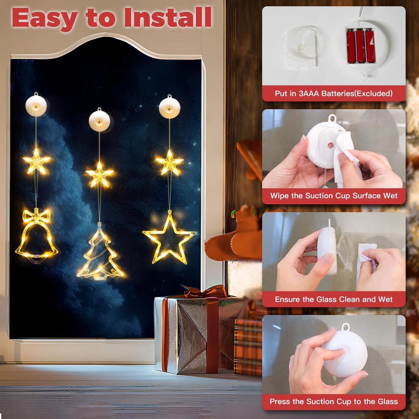 suddus Christmas Window Lights Decorations, 3Pcs Tree-Jingle Bell-Star Shaped Xmas Lights Battery Powered with Suction Cups & Timer, Hanging String Lights Indoor for Tree, Fireplace, Warm White