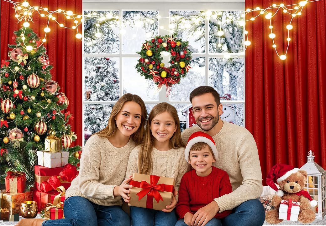 Christmas Window Backdrop 10x8ft Red Curtain Photography Backdrop Winter Xmas Party Banner Decorations Background Xmas Holiday Party Photo Booth D649