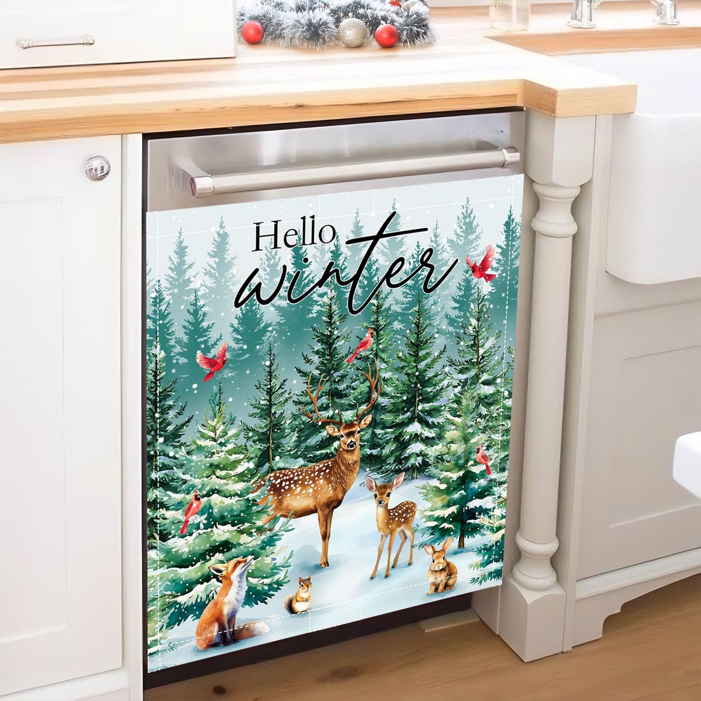 Hello Winter Dishwasher Magnet Cover 23x26in Christmas Dishwasher Cover for Washers Fridge Panel, Cardinal Bird Magnetic Covers for Kitchen, Machine Door Covers Decor, Christmas Deer Kitchen Decor
