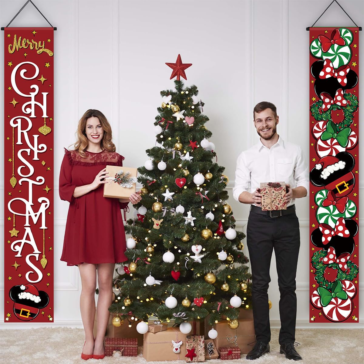 Christmas Cartoon Mouse Welcome Sign - New Year Winter Xmas Decor - Red Christmas Decorations for Home Party