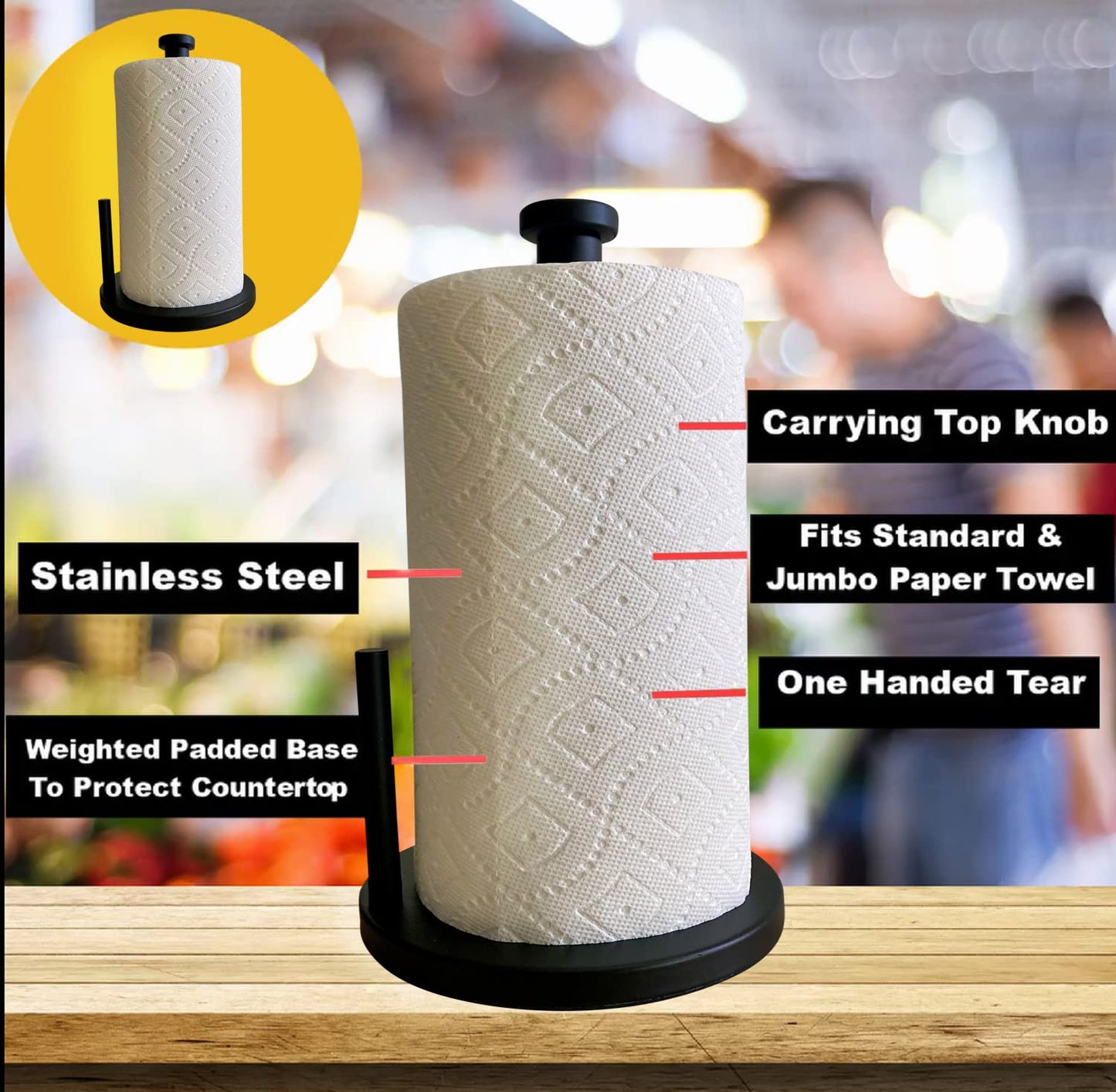 Steelware Central Black Paper Towel Holder Countertop Stainless Steel Paper Towel Stand with Weighted Non-Slip Base One-Handed Tear, Rust-Resistant Kitchen Roll Holder, Standard, Jumbo & Large Rolls