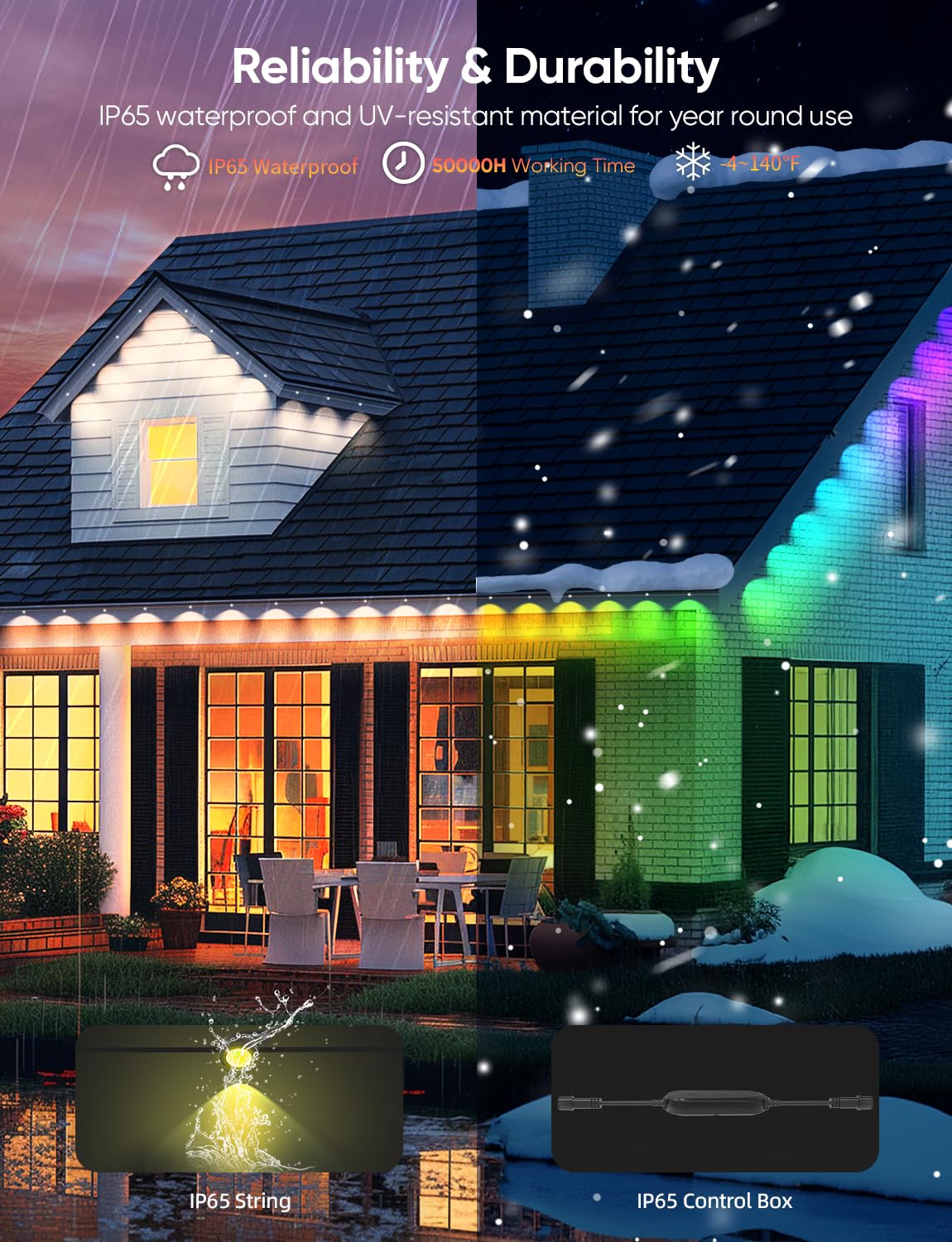APPECK Permanent Outdoor Lights 100ft with 72 LEDs, DIY Scene Modes, Smart RGBW String Lights Waterproof, App/Remote Control for Easter, Holiday, Alexa/Google Assistant Compatible, Black