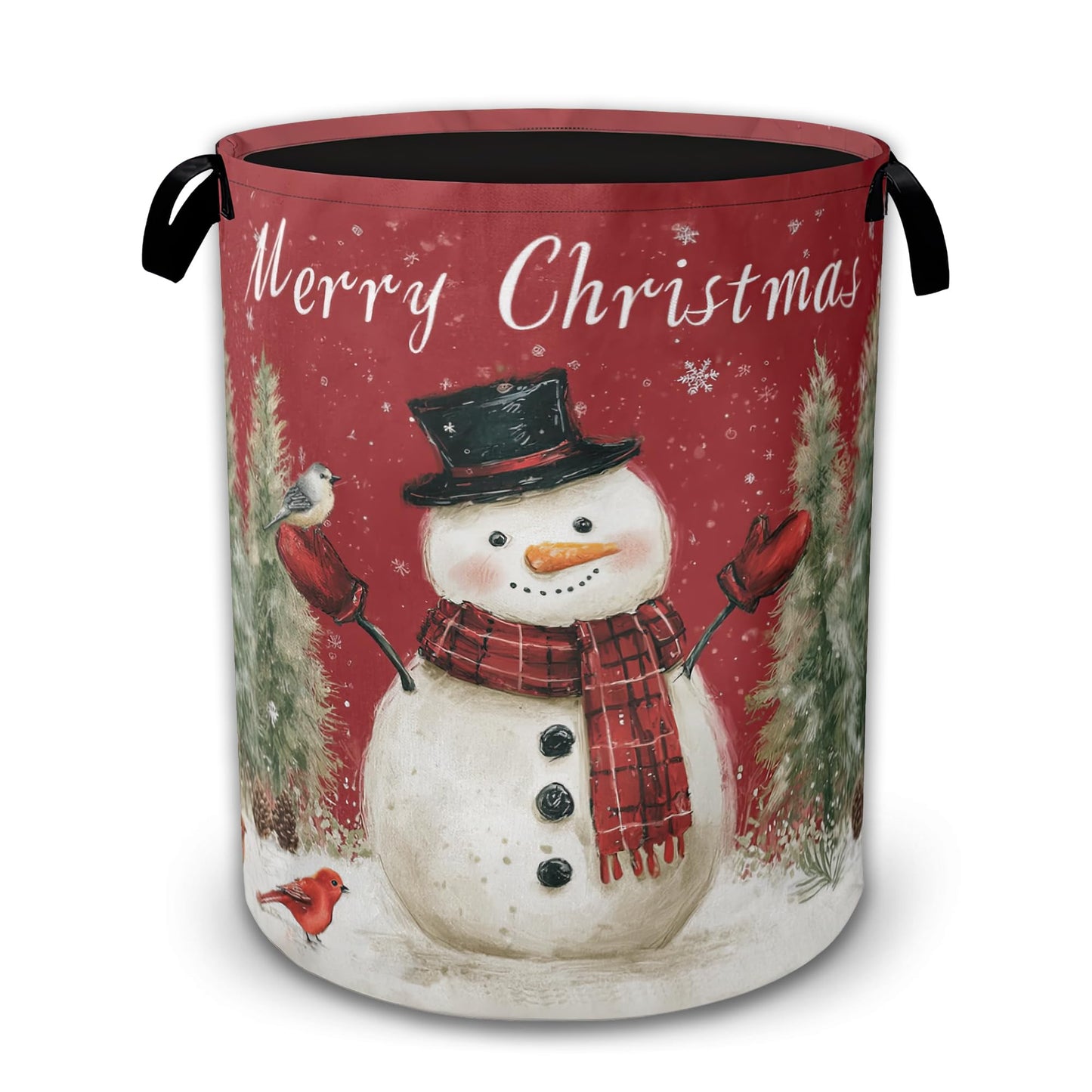 Snowman Bird Collapsible Laundry Basket,Merry Christmas Waterproof Oxford Cloth Hamper with Handles,Portable Storage Organizer for Laundry Room Bedroom