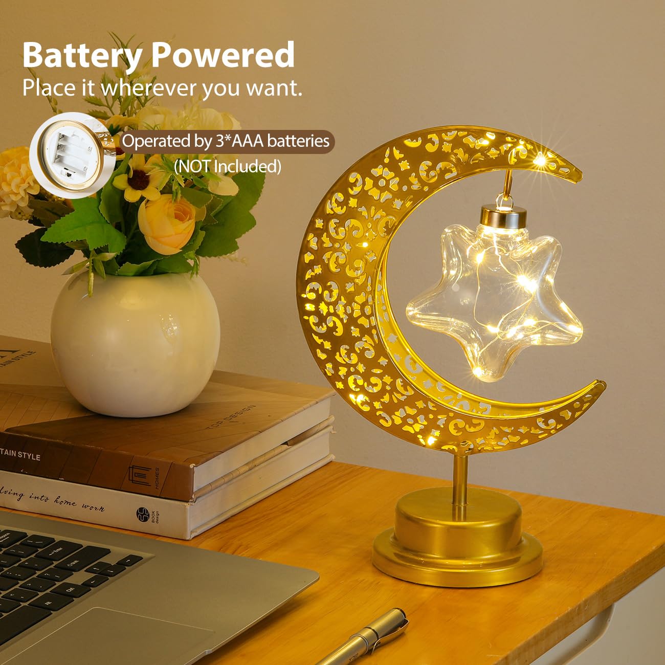 Lewondr Decorative Table Lamp, Battery Powered Ramadan Desk Lamp Decorations Crescent Table Light Lunar Star Moon Lantern for Bedside Nightstand Desktop Room Party, Eid Mubarak Decor, Warm Light