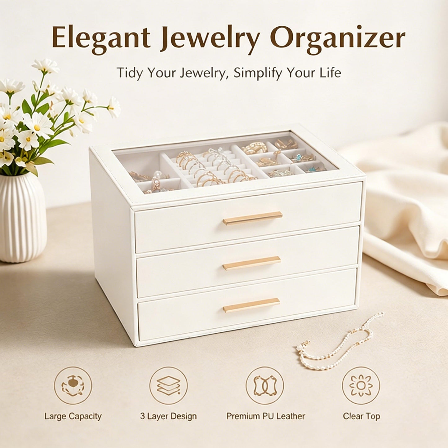 GUOER Jewelry Box for Women, Glass Lid Jewelry Organizer with 3 Drawers PU Jewelry Storage Case for Necklaces Rings Earrings Bracelets, Mother's Day, White