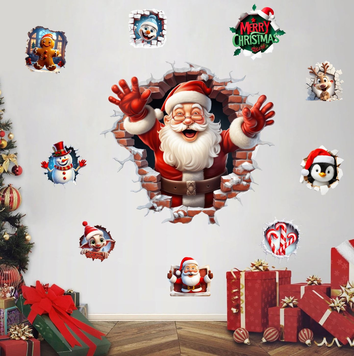 XUOIAYNB Large 3D Santa Claus Christmas Wall Stickers,Snowman Gingerbread Man Reindeer Candy Vinyl Wall Decals, Removable Winter Holiday Xmas Break Through Wall Art for Kids Bedroom Playroom Decor
