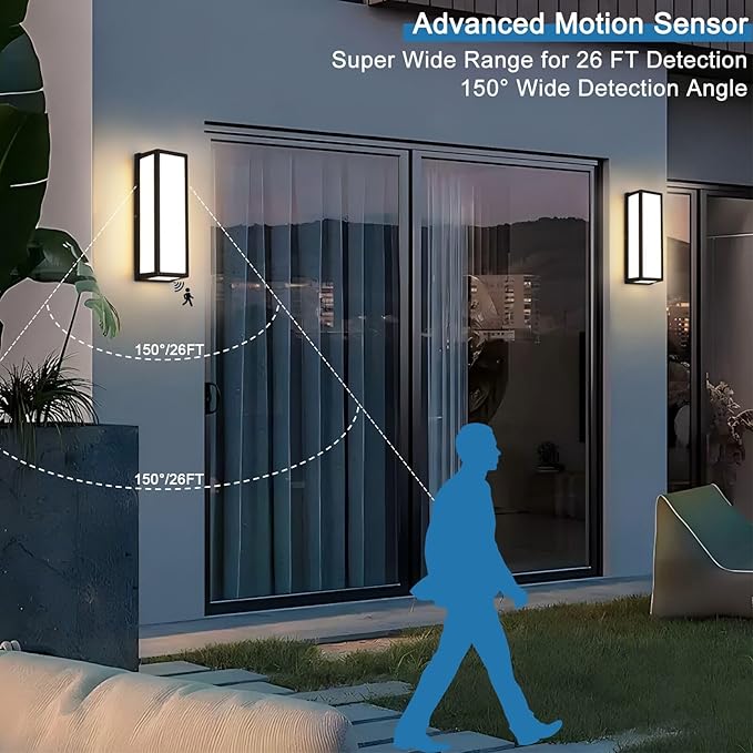 Motion Sensor Outdoor Wall Sconce LED 30W Aluminum - Black Modern Exterior Light Fixture, 3000K Warm,IP65 Waterproof Rectangular Porch Lighting,for Patio,Garage,Front Door