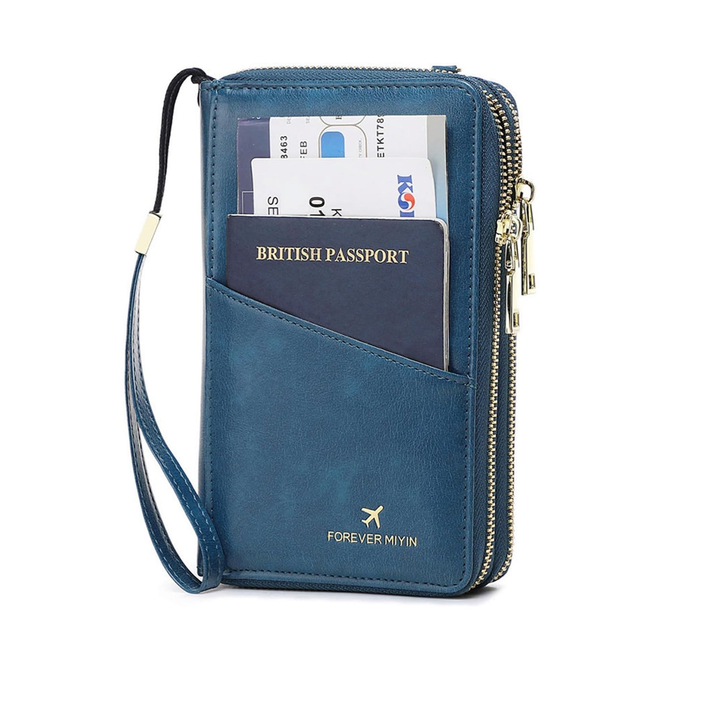 GOIACII Passport Wallet Travel Crossbody Bags for Women Wristlet Phone Purse Double Zip Vegan Leather Blue